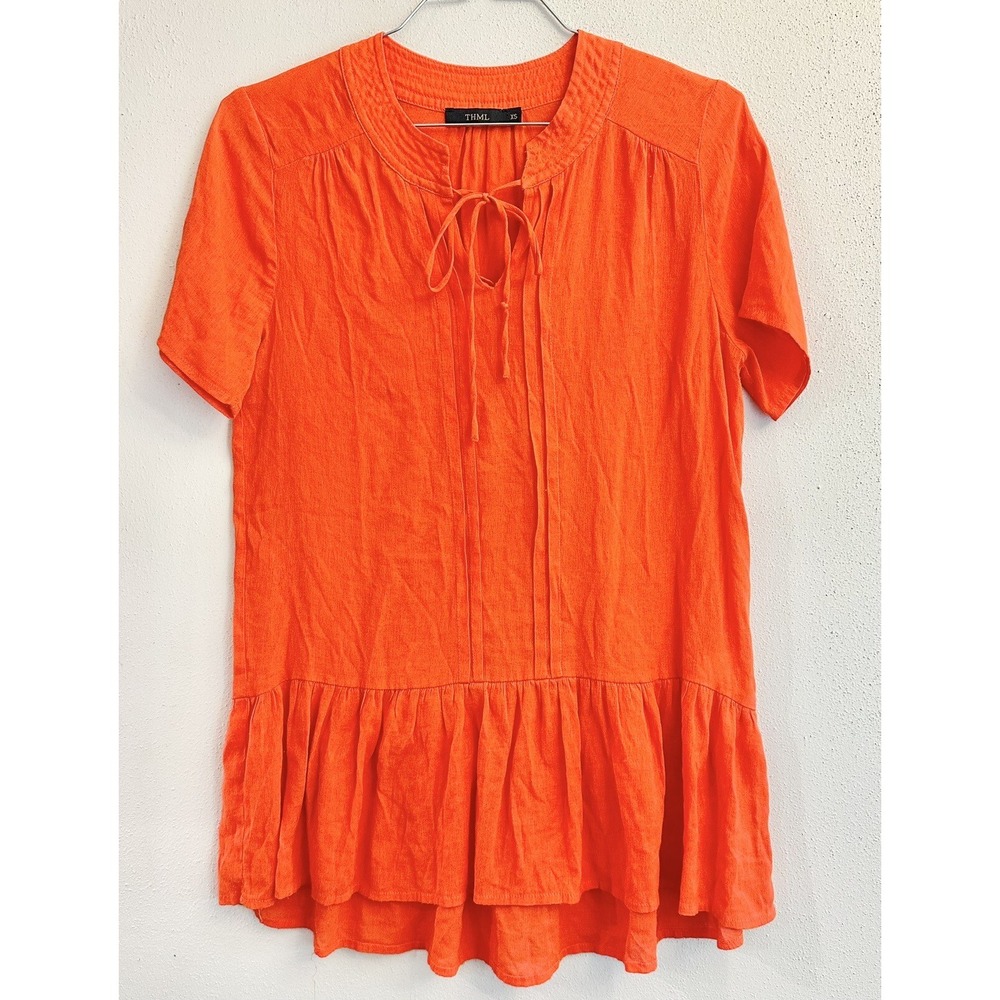 THML Blouse Tunic Size Size XS Hi Lo Ruffle Pintuck Orange Tie Short Sleeves
